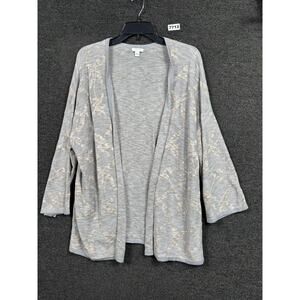 Pure Jill J Jill Open Cardigan Sweater Size L Gray Bronze Leaf Print 3/4 Sleeve